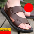 Men's waterproof casual sandals in brown and black with plastic upper, shown on a beach background.