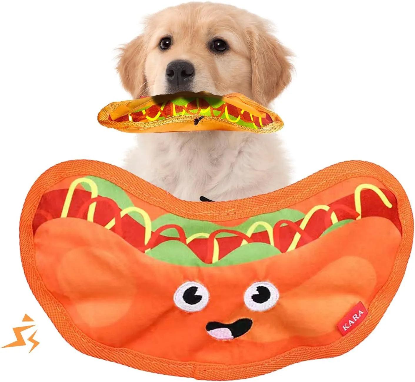 Food-shaped dog toy with crinkle and squeak features in hamburger, fries, hot dog, and pizza designs
