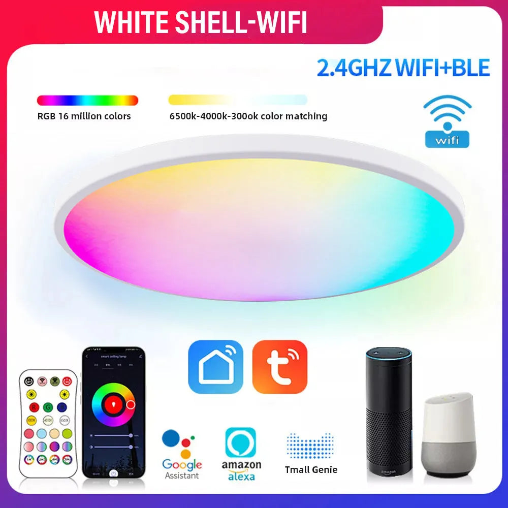 Intelligent RGBCW Bluetooth ceiling lamp in black or white with app control for colour and dimming.