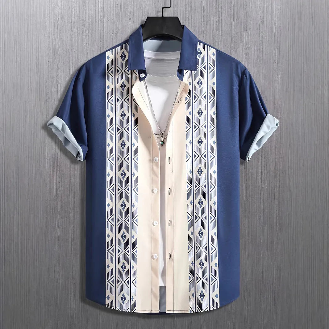 Men's loose fit plaid short-sleeved shirt with lapel in polyester fabric