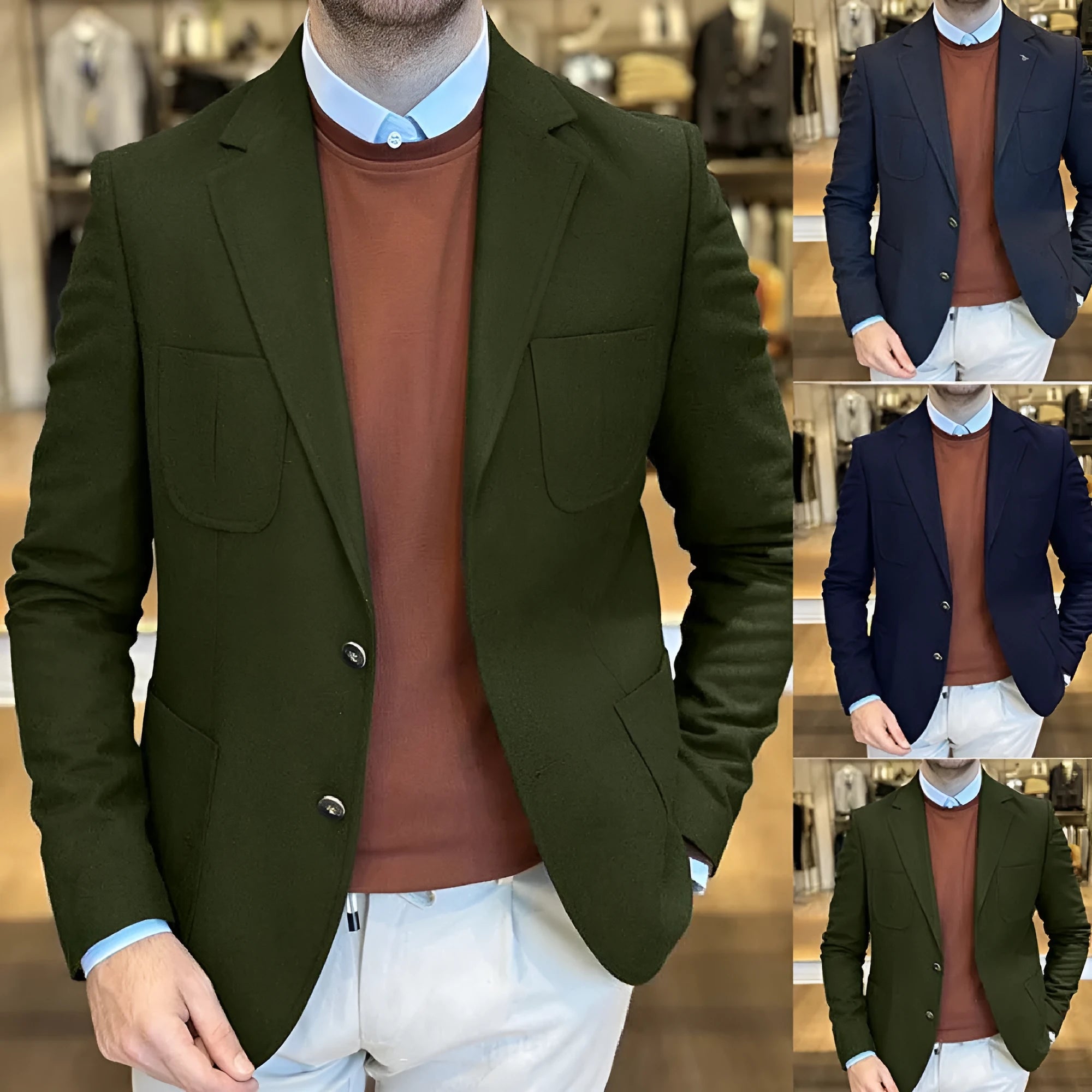 Men's loose-fit retro cotton suit jacket shown in army green colour.