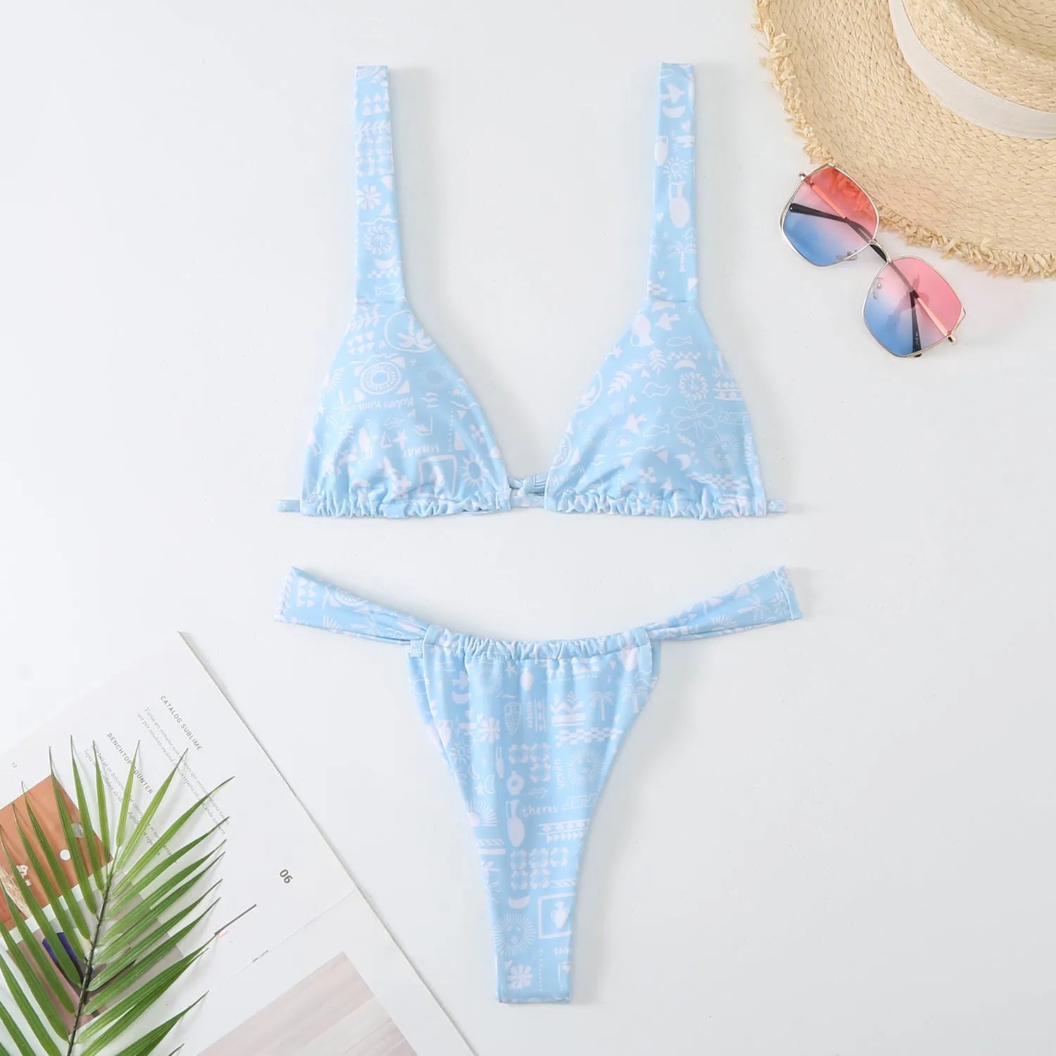 Women's floral printed bikini swimsuit in rose red, white, blue or sky blue colours with separate bra and briefs
