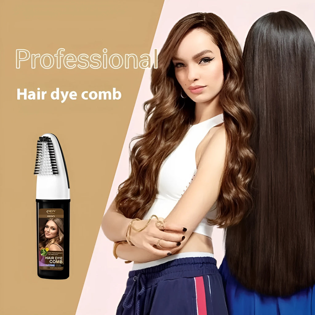 Bottle of permanent hair dye with comb applicator brush in brown, dark brown or wine red colour.