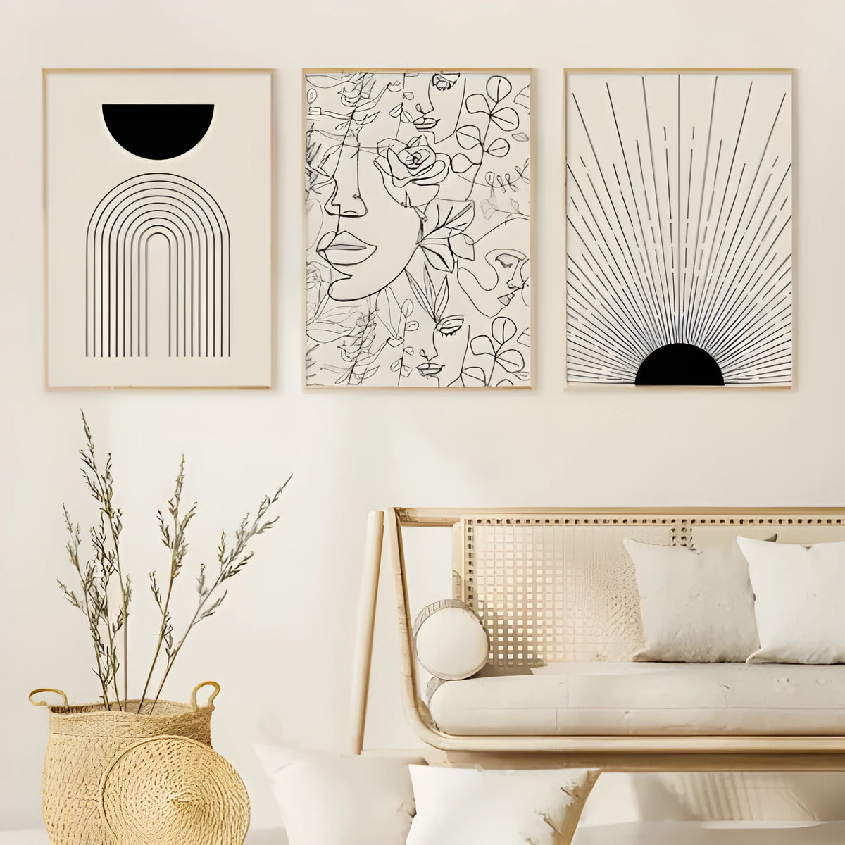 Boho abstract lines canvas wall art with animal figure design in spray painting technique