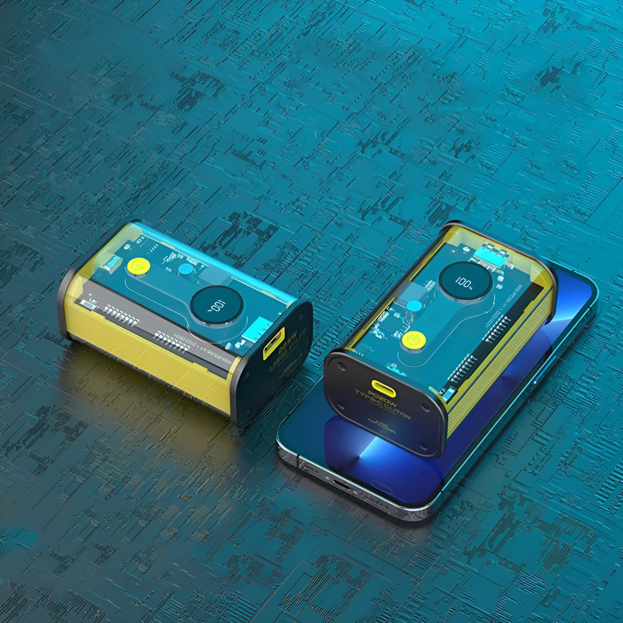 Transparent yellow industrial power bank showing internal aluminium battery case