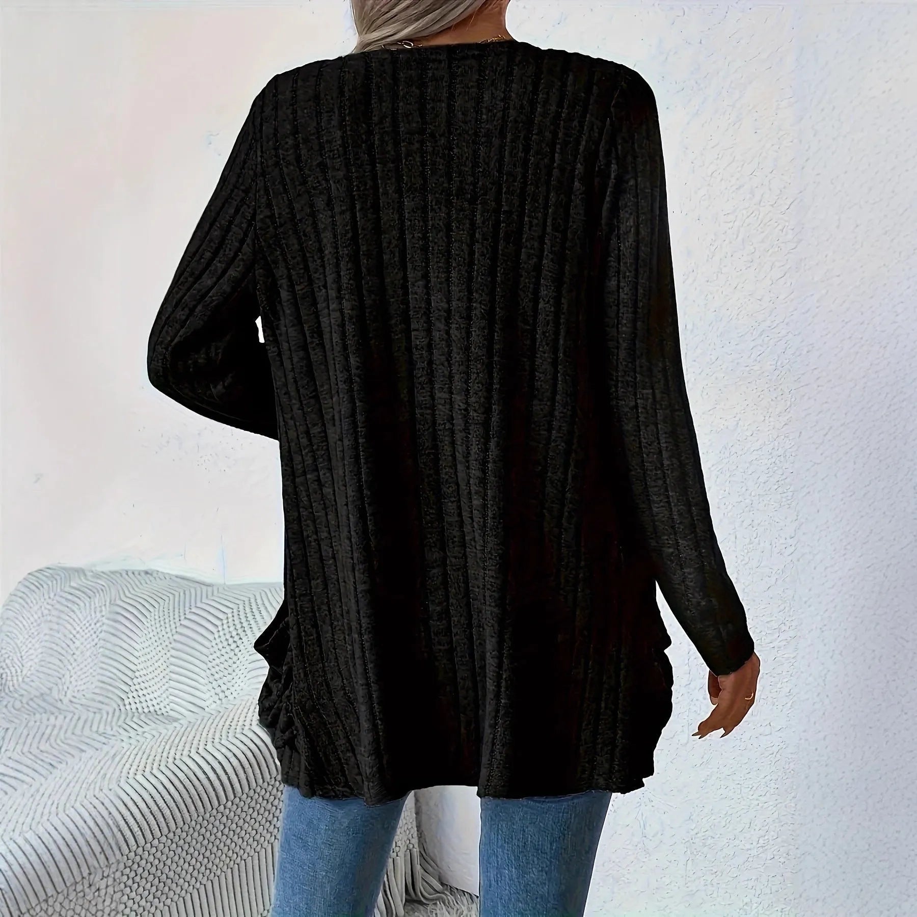 Solid colour long sleeve cardigan in loose fit design available in black and granny grey colours