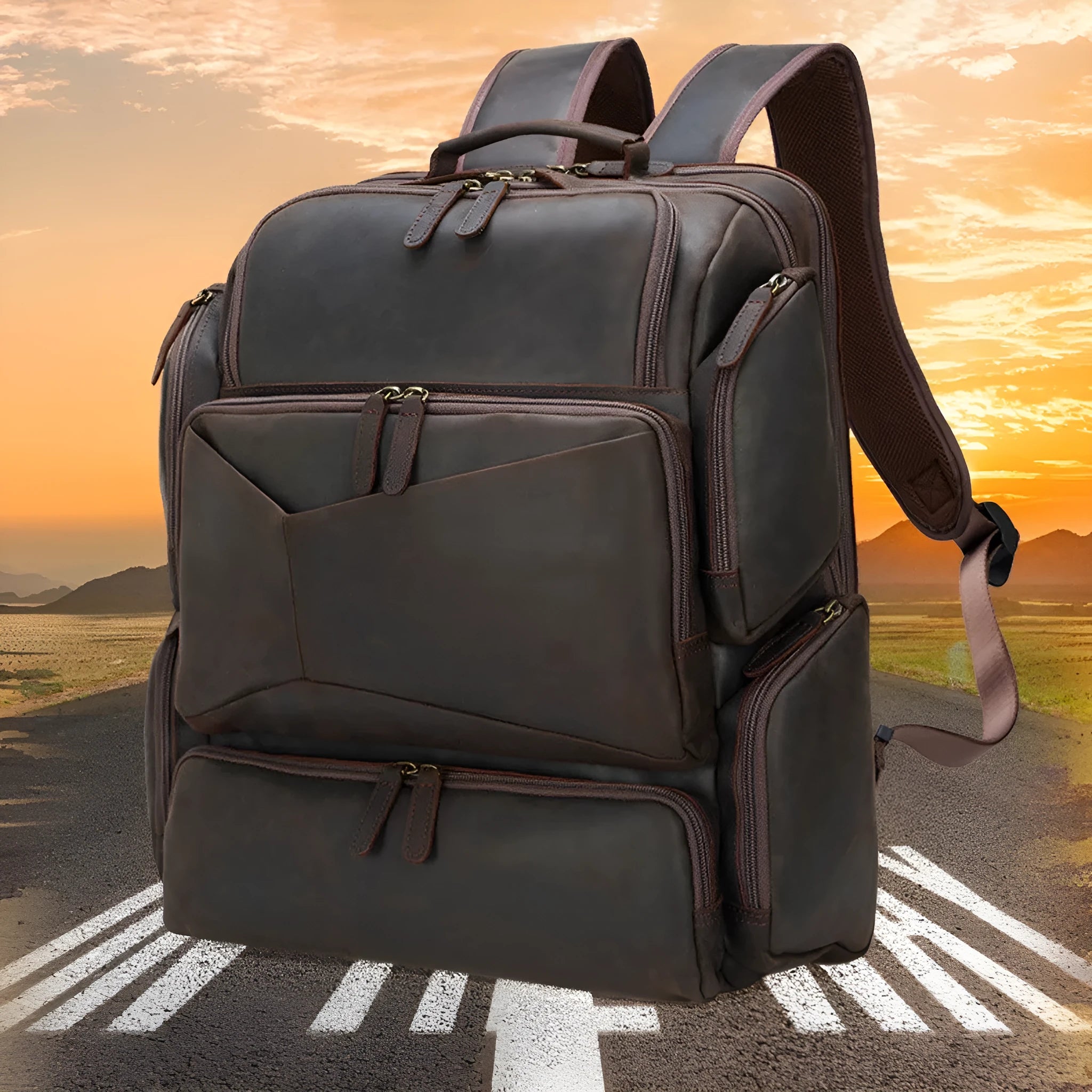 Dark brown genuine leather backpack with 17-inch laptop compartment and multiple organisational pockets