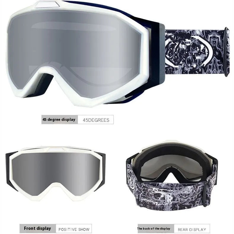 Double layer motorcycle goggles with TPU frame and anti-fog lens in black red blue or silver with storage bag