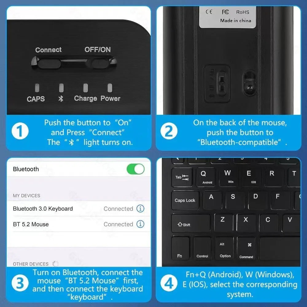 Colourful iPad protective case with luminous RGB backlit Bluetooth keyboard and mouse on a desk