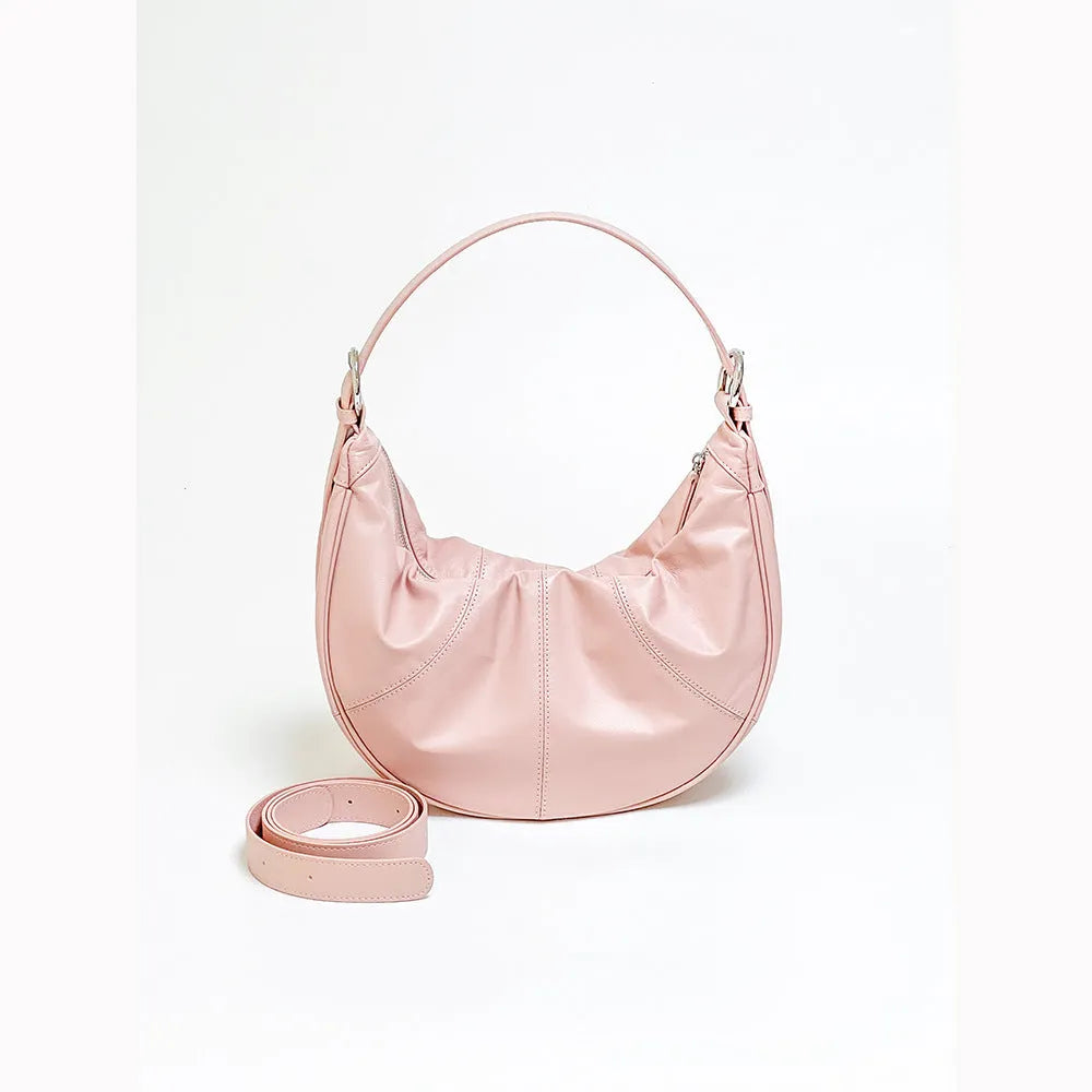 Women's soft first layer cowhide shoulder bag in dumpling shape with double straps and cotton lining