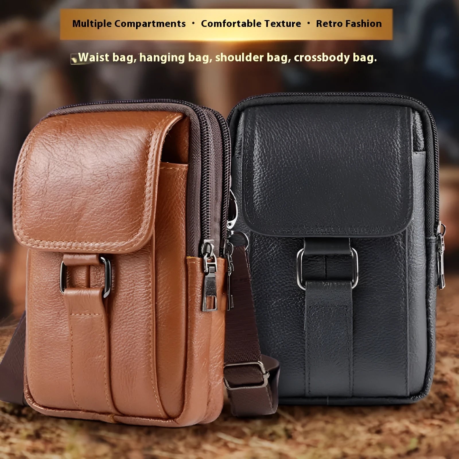 Men's genuine leather crossbody waist bag in black with lock detail and vertical square shape