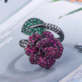 Geometric black gold ring with simulated red corundum stones for women