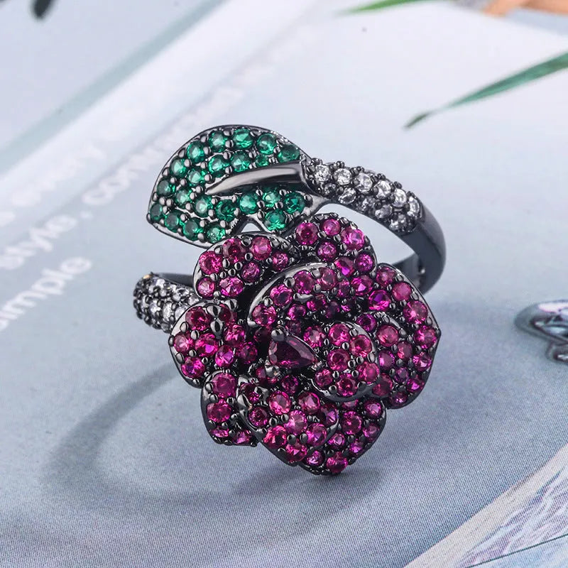 Geometric black gold ring with simulated red corundum stones for women