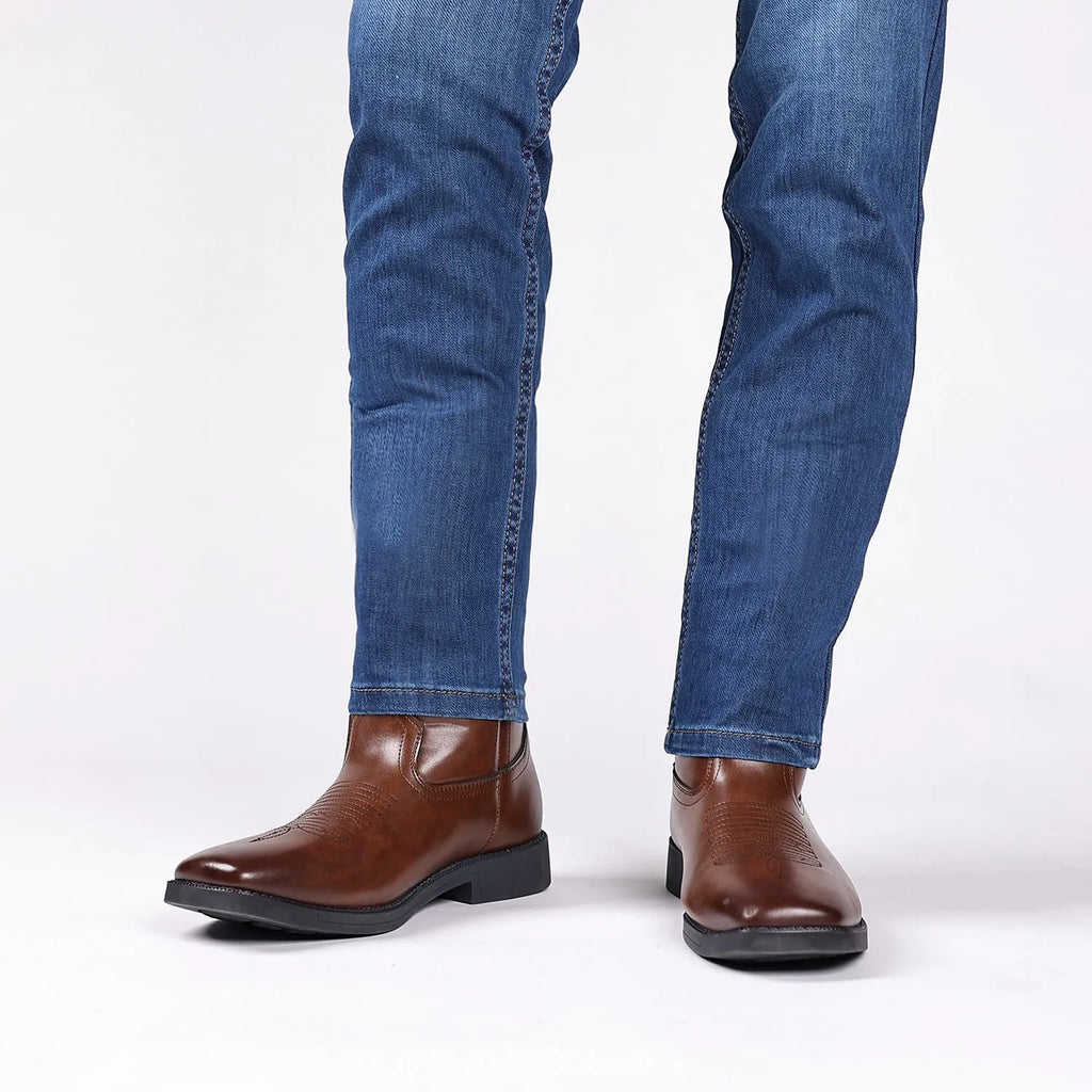 Men's brown retro wide shaft cowboy boots with embroidery, square toe, and low heel.