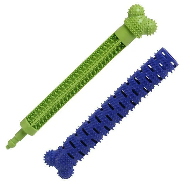 Blue-green silicone dog dental chew stick with textured cleaning surface, 25cm long.
