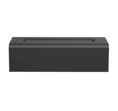 Black square USB aroma diffuser humidifier with colour-changing flame LED light and water tank on a wooden table.