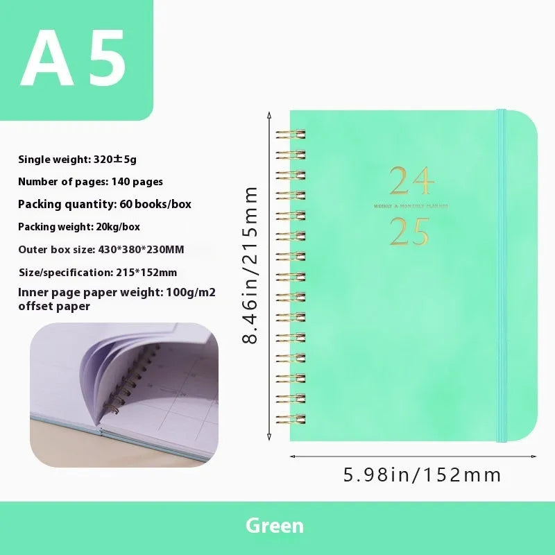 A5 size PU leather notebook with metal coil binding in a choice of colours including black, blue, brown, and pink.