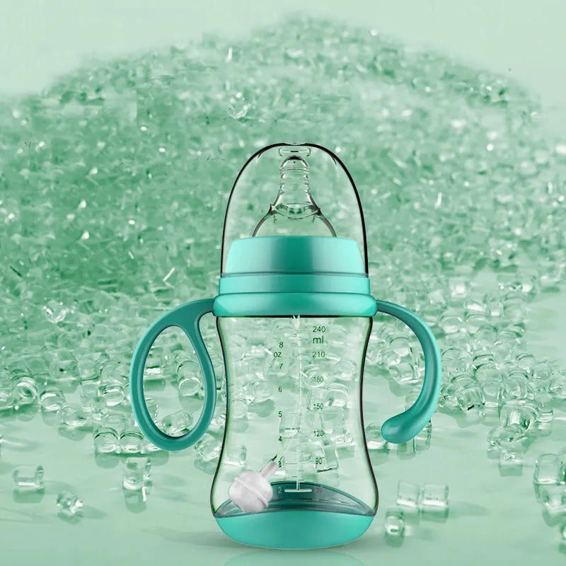 BPA-free PP baby feeding bottle with double handle and wide caliber, available in 180mL, 240mL and 300mL