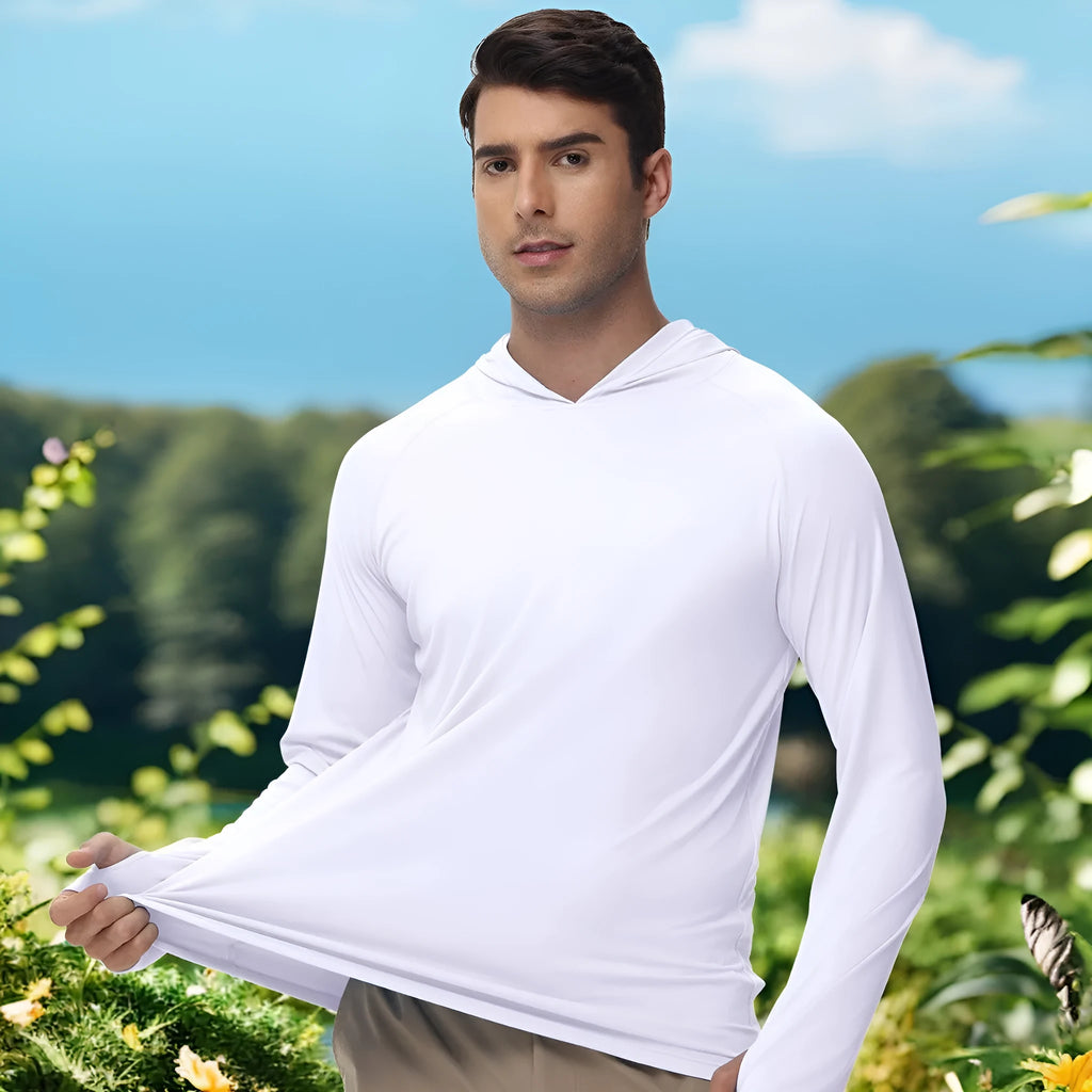 Outdoor UV-protection long sleeve hooded top in polyester for fishing, hiking, and camping