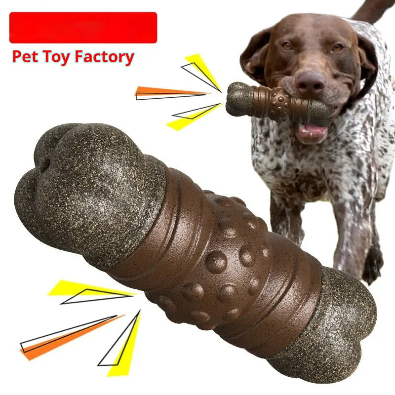 Wood coloured plastic sounding bone dog toy with integrated molar cleaning rod for dental hygiene