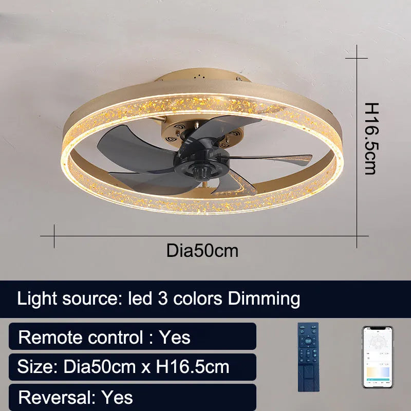 Nordic style remote control ceiling fan lamp with LED lights, 50cm diameter in gold finish