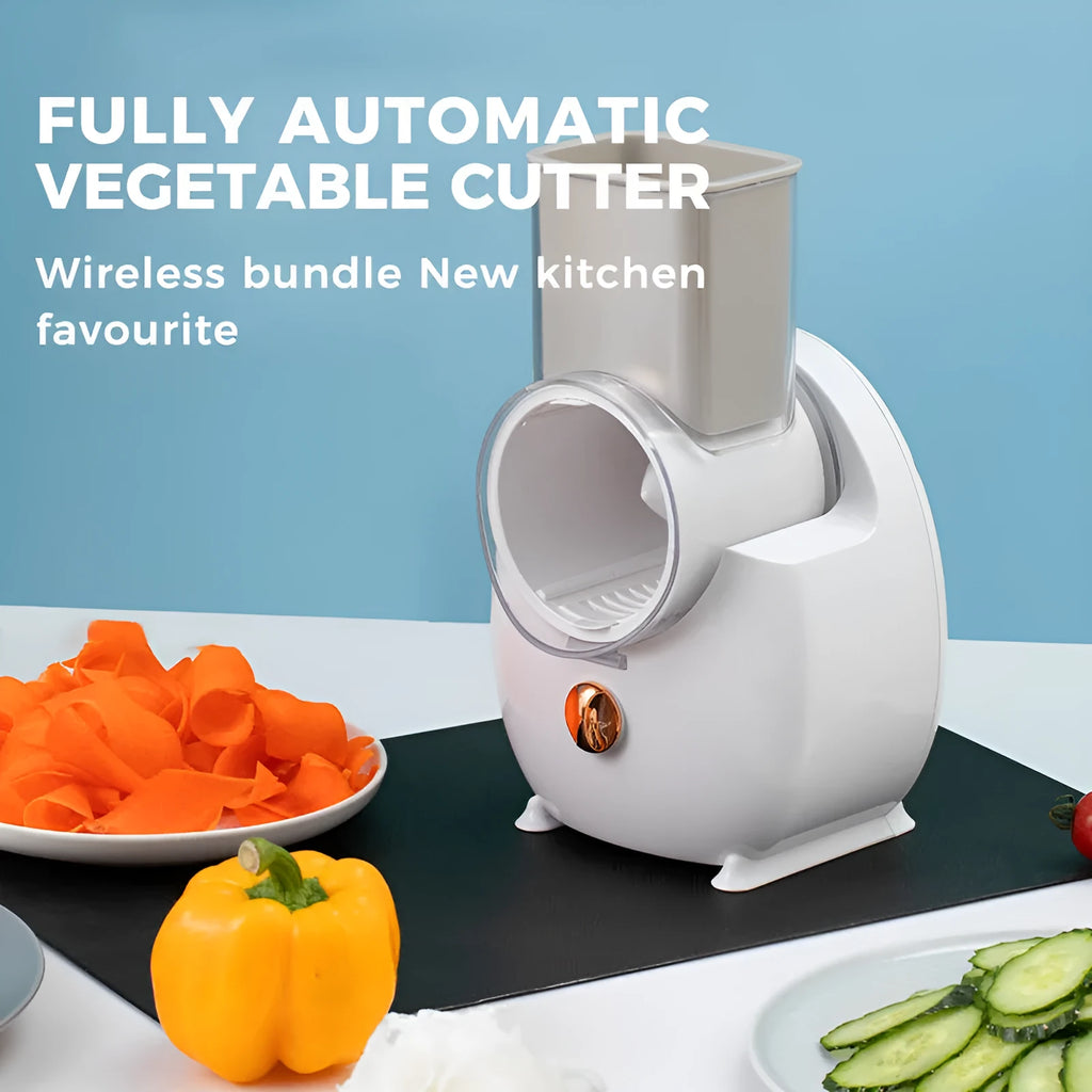 White electric vegetable slicer with rotary grater system and suction base on kitchen counter