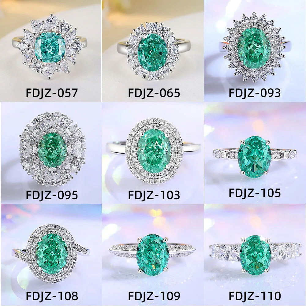 S925 silver emerald ring with high carbon diamond inlay in geometric ellipse shape on model finger.