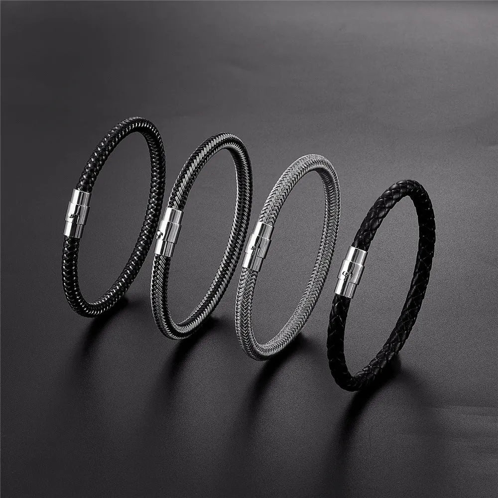 Men's titanium steel geometric wire bracelet with a magnetic clasp closure shown in silver tone.