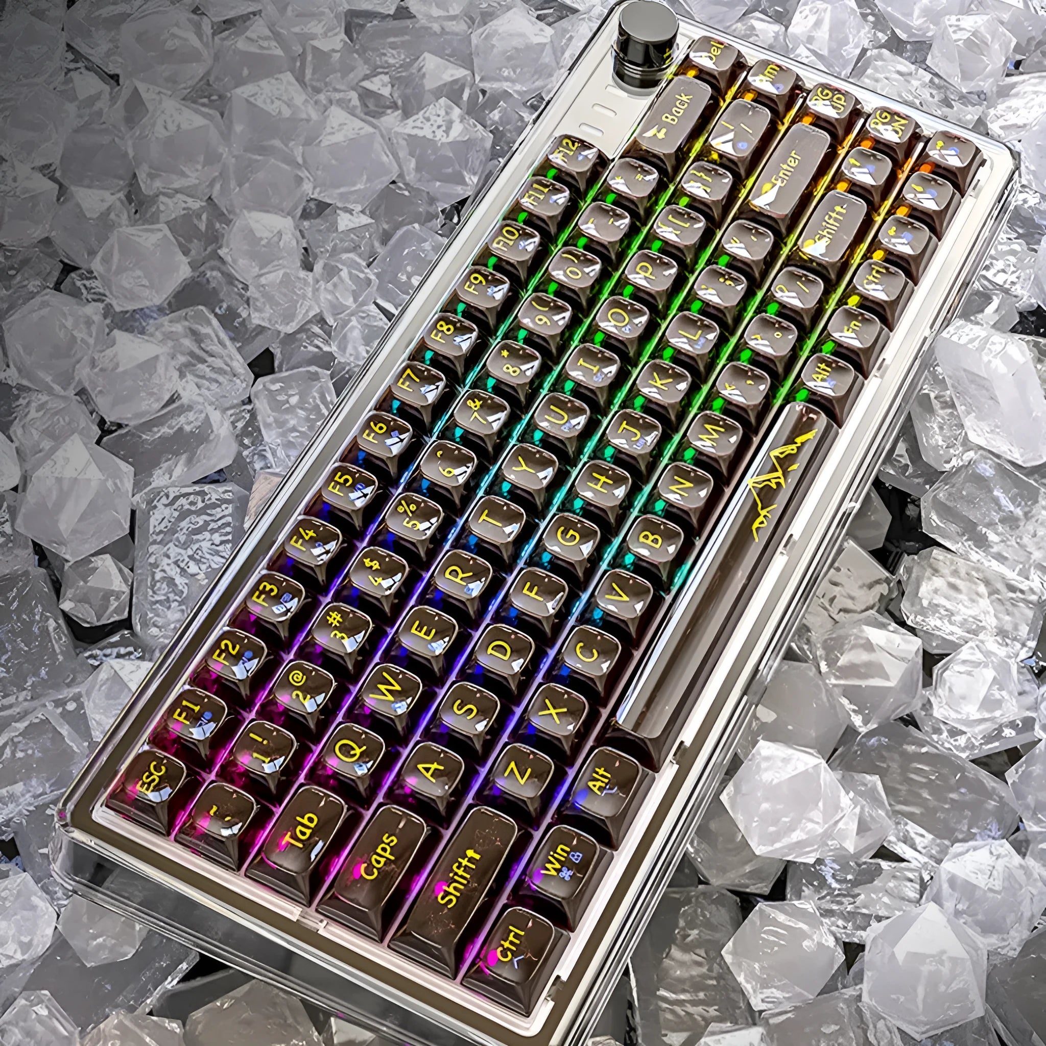 Attack Shark K75RGB white transparent wireless mechanical keyboard with RGB lighting on a desk.