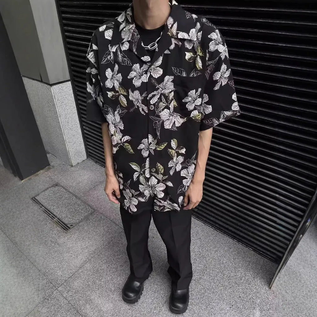 Black men's vintage Cuban collar ice silk shirt with floral print and short sleeves