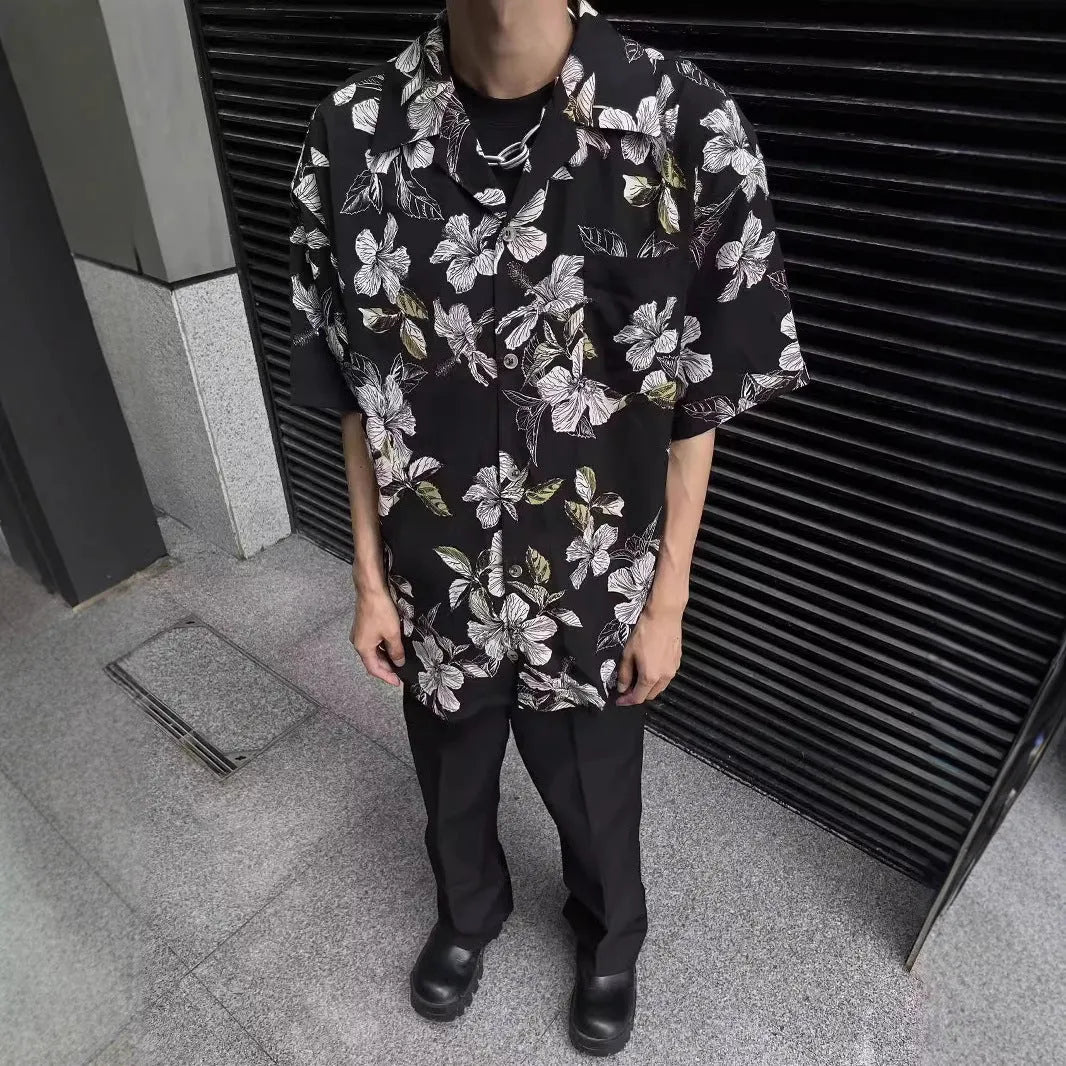 Black men's vintage Cuban collar ice silk shirt with floral print and short sleeves