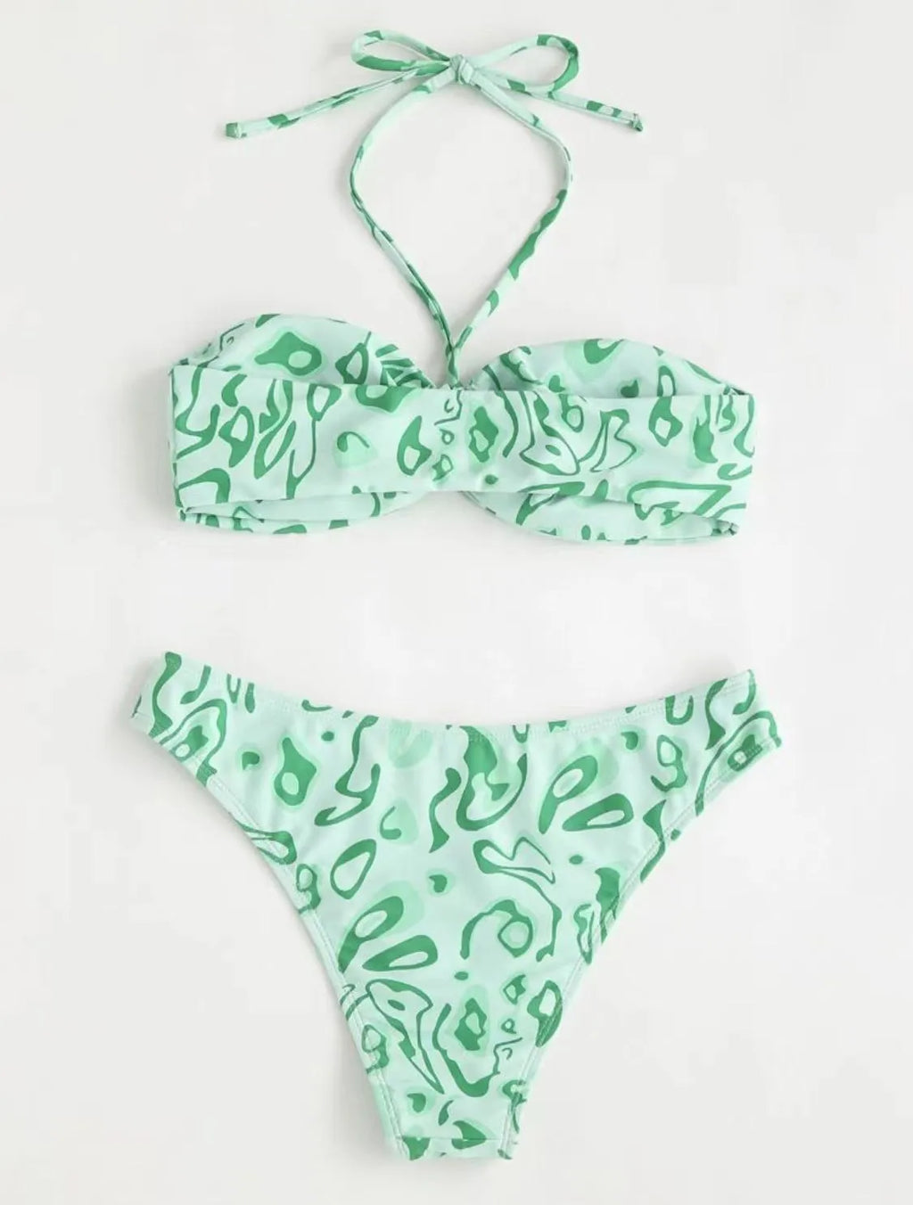 Women's floral bandeau bikini swimsuit in blue with split hipster design