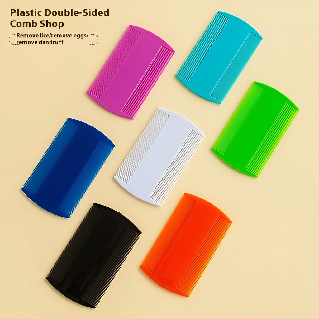 Fine-toothed double-edged plastic comb for flea and lice removal in various colours
