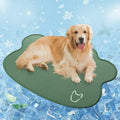Ice silk pet cooling mat in dog head profile shape available in light grey, dark grey, dark green, and rice colours