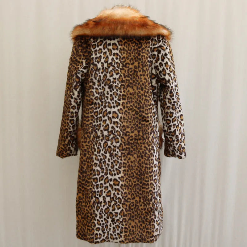 Women's long leopard print artificial fur jacket with regular sleeves