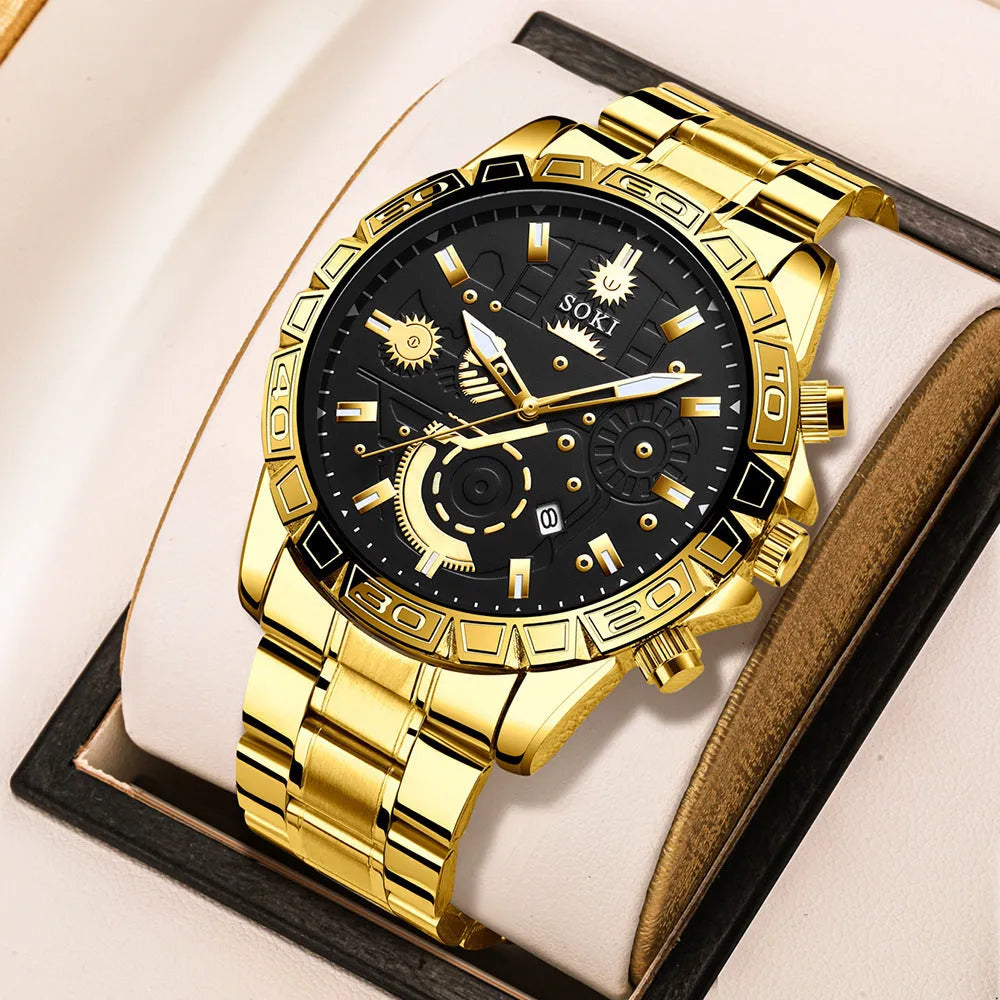 Men's gold quartz wristwatch with stainless steel band and 10mm thickness