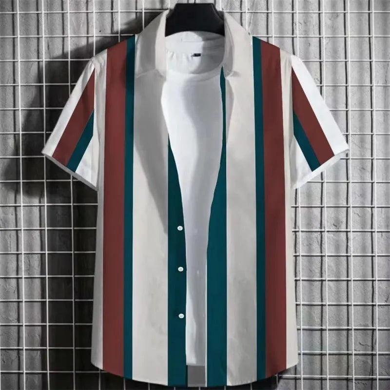 Men's striped short sleeve T-shirt with 3D printed pattern on linen fabric