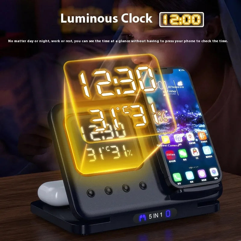 Black wireless charging station with digital clock display showing time and temperature, charging smartphone and smartwatch