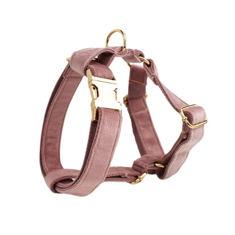 Light purple pink velvet dog collar with matching accessories including leash and vest