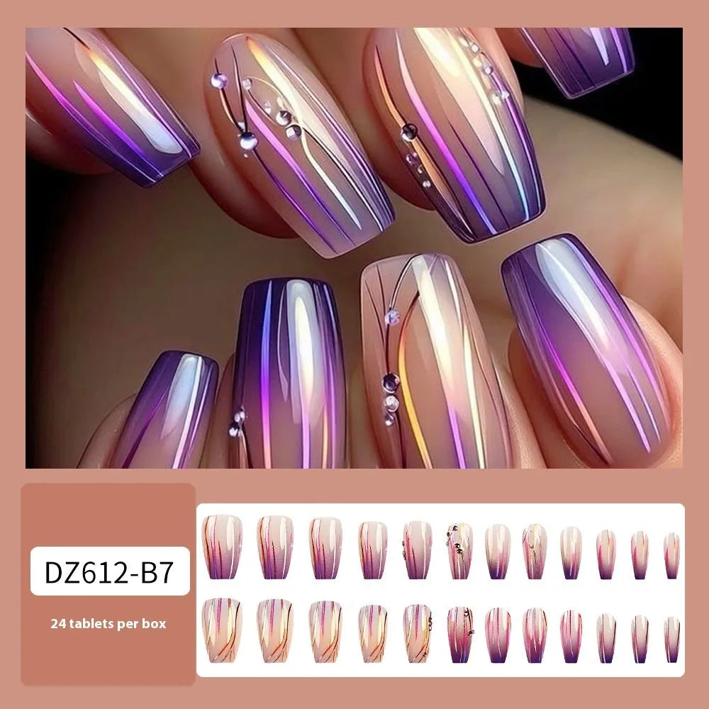 Magic purple line streamer gradient nail stickers with starry sky pattern for short nails, includes jelly glue.