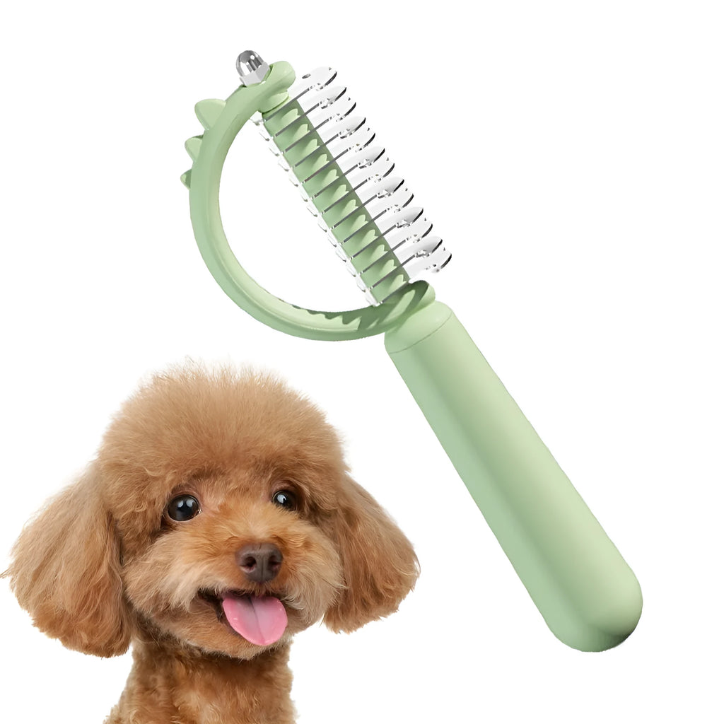 Blue dinosaur-shaped cat brush with self-cleaning button and stainless steel pins