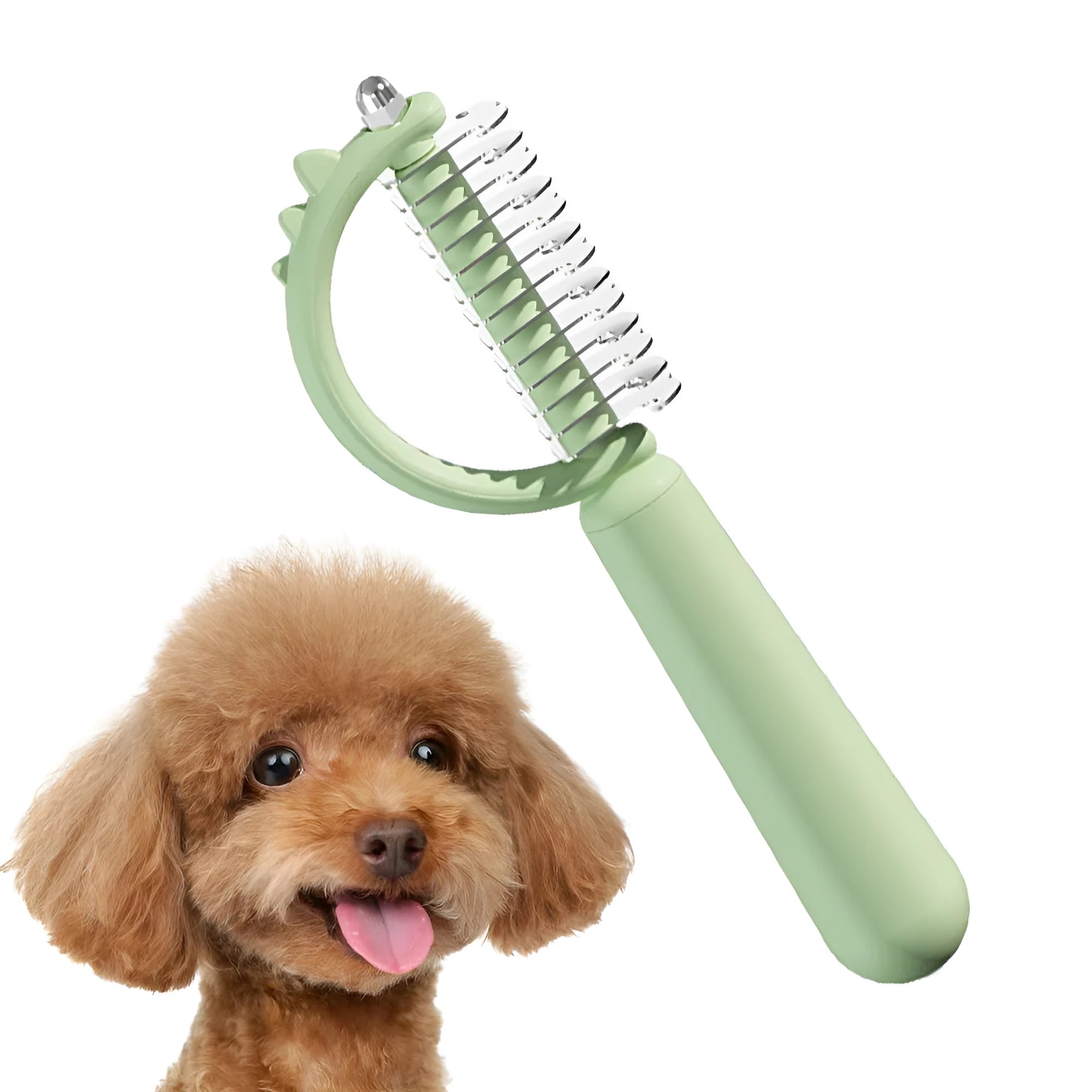Blue dinosaur-shaped cat brush with self-cleaning button and stainless steel pins