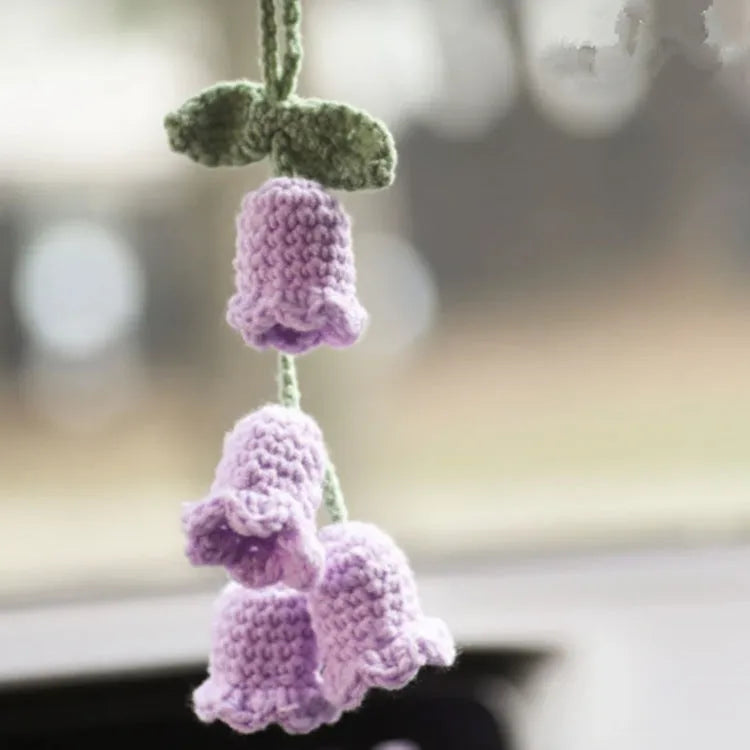 Green and white knitted wool car plant decoration hanging from 25cm white rope