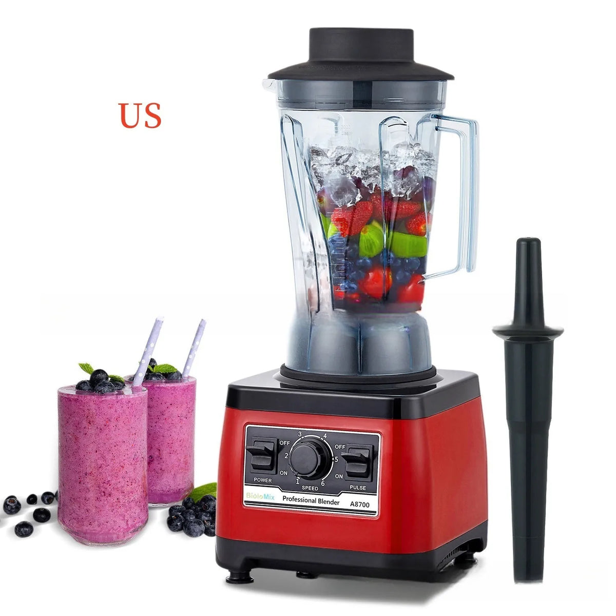 Red A8700 model commercial blender with 2200W motor and 2L capacity jar