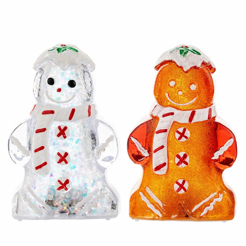 Glowing gingerbread man and snowman Christmas ornament with a choice of coloured scarves.