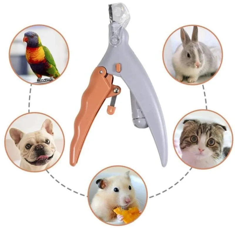 Yellow pet nail clipper with built-in LED light and magnifying lens for trimming dog and cat nails.