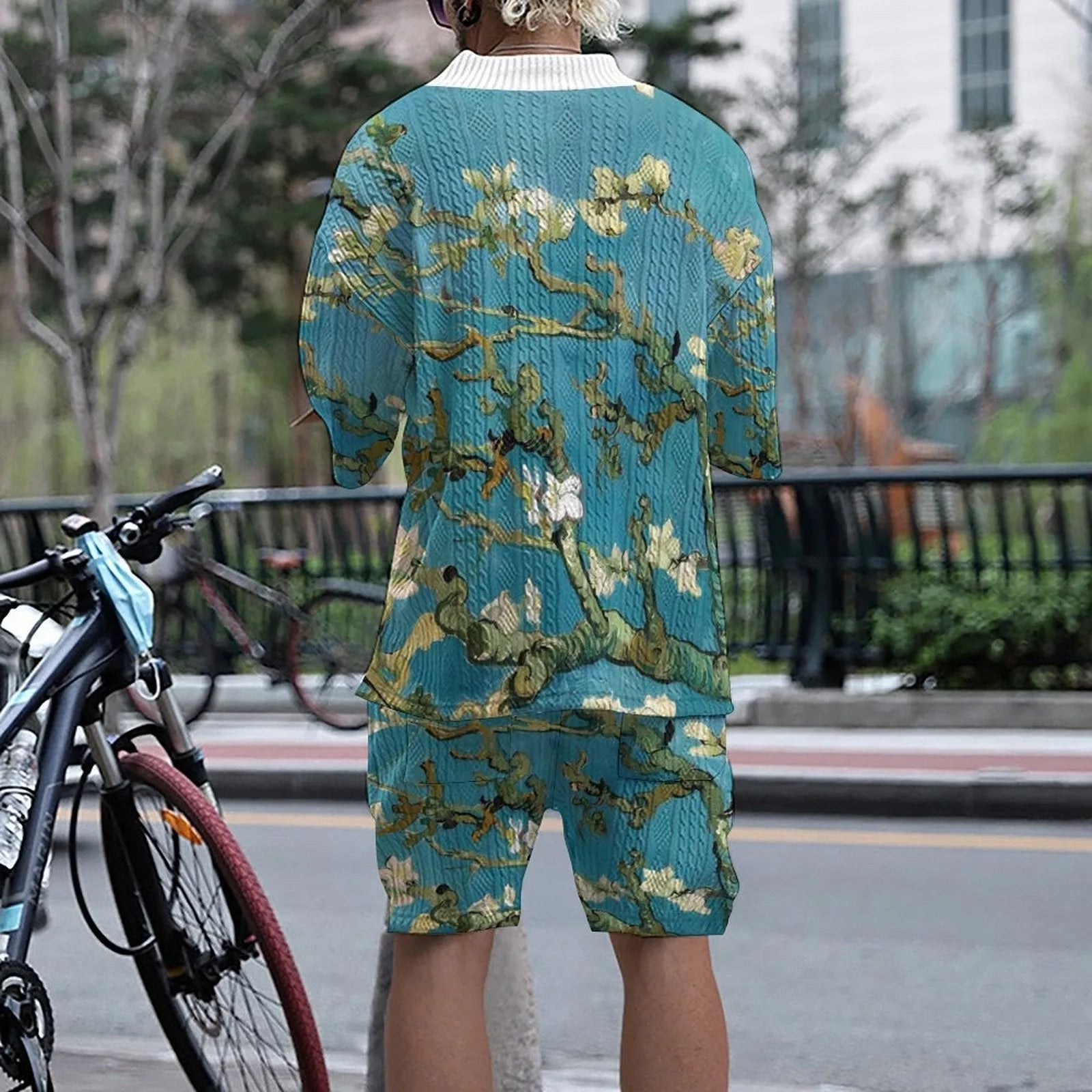 Men's peacock blue casual suit set with 3D printed knitted shorts and matching T-shirt style top