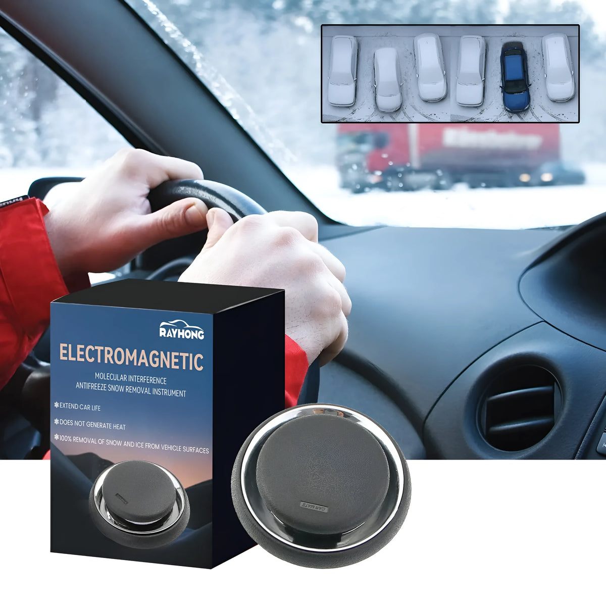 Black handheld car de-icing instrument for melting snow on windscreens.