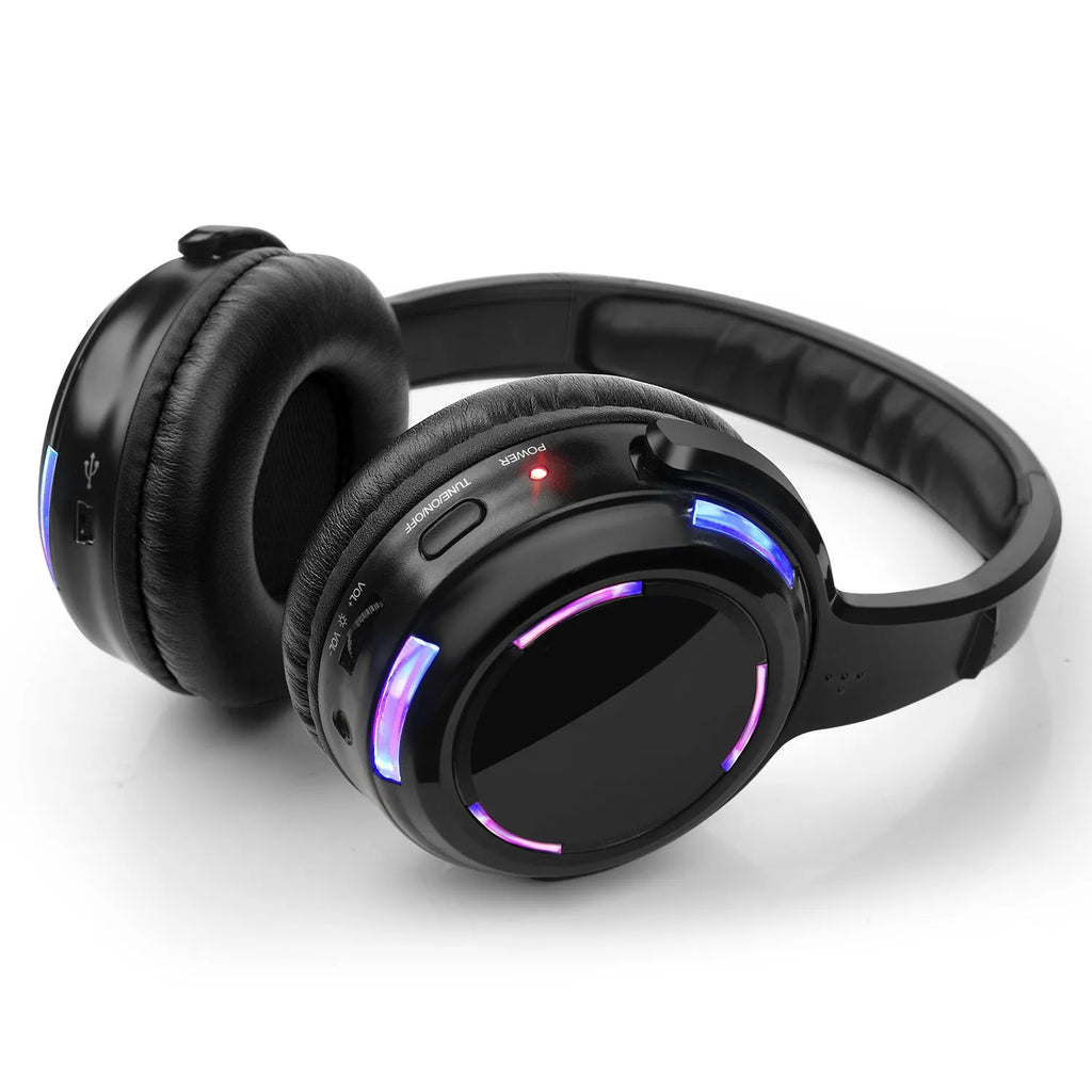Black silent disco headphones with 3-metre cable and head-mounted design for party hire