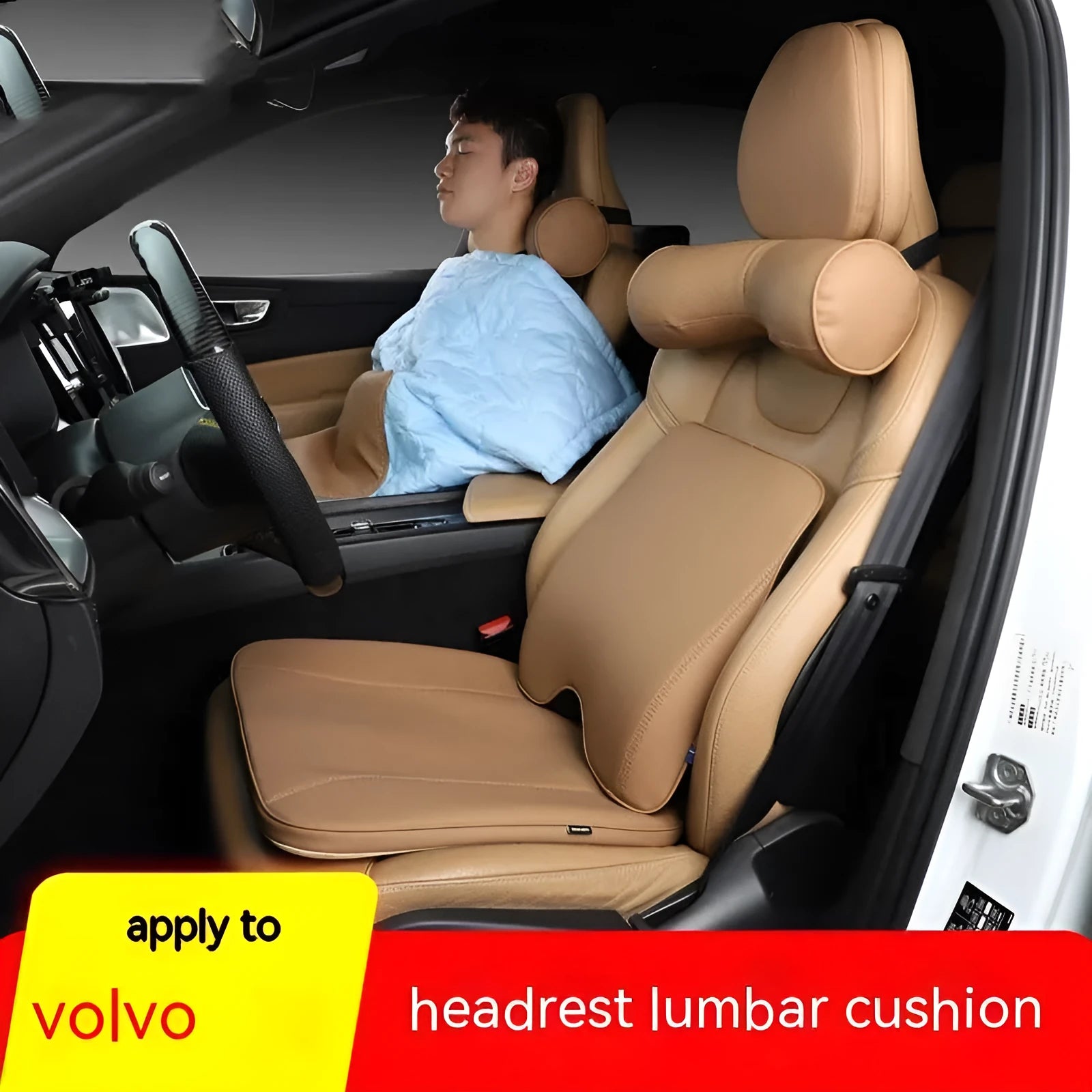 Volvo-style car headrest and neck pillow set with lumbar support in minimalist design